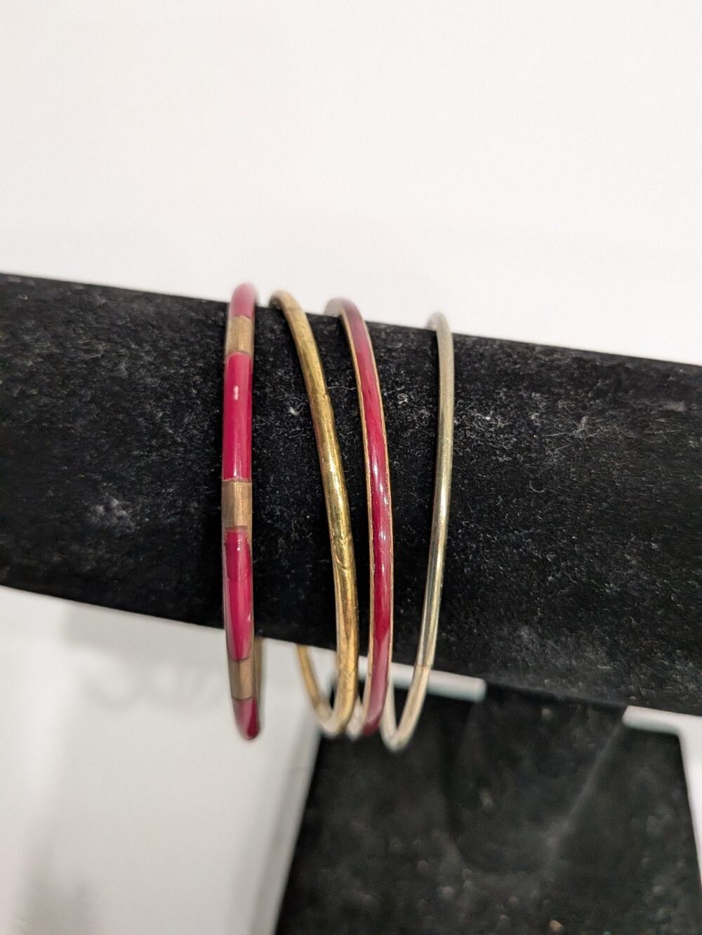 Vintage Brass and Enamel Bangle Bracelet Lot Red Inlay & Gold Tone Stacking Bojo